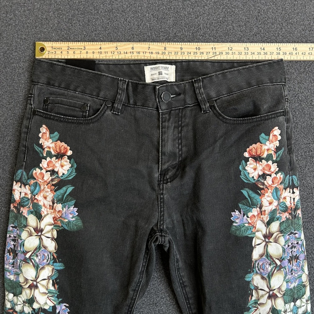 Insight Denim Skinny Jeans Women's 6 Black Charcoal Floral Ankle Zip Stretch 28" - Picture 9 of 15